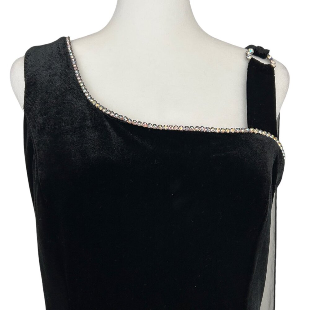 Vintage Isis Black Velvet Sleeveless Embellished Chiffon Drape Maxi Dress (M)